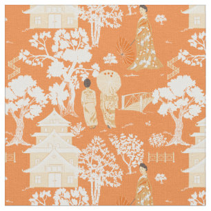 Tela Naranja Chinoiserie Pagodas