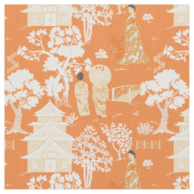 Tela Naranja Chinoiserie Pagodas (De cerca)