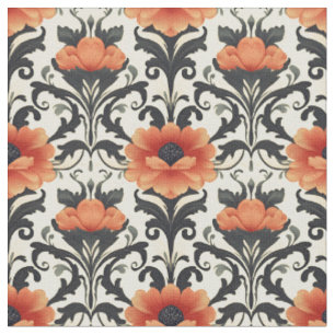 Tela Naranja / negro / gris Floral Art Nouveau