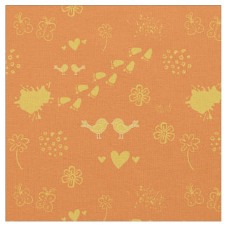 Tela Naranja retro y patrón amarillo de aves, puntos,