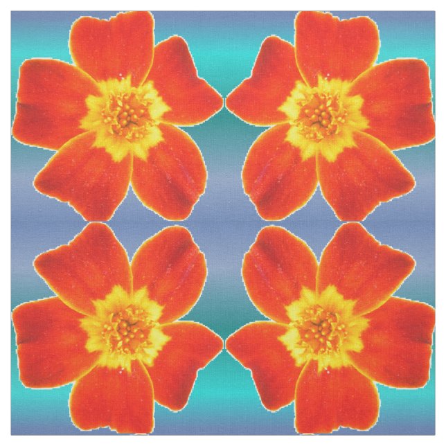 Tela Naranja Rojo Marigold Flor Azul Patrón de fondo (Retal)