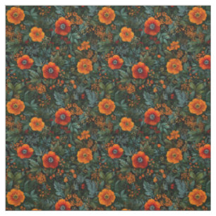 Tela Naranja Rústico Verde Botánico Floral Vintage Negr