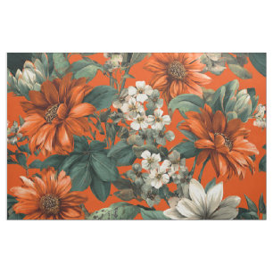 Tela Naranja Rústico Verde Botánico Floral Vintage Negr