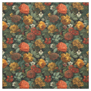 Tela Naranja Rústico Verde Botánico Floral Vintage Negr