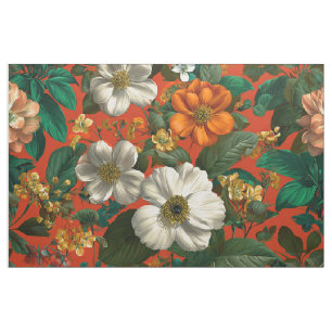 Tela Naranja Rústico Verde Botánico Floral Vintage Negr