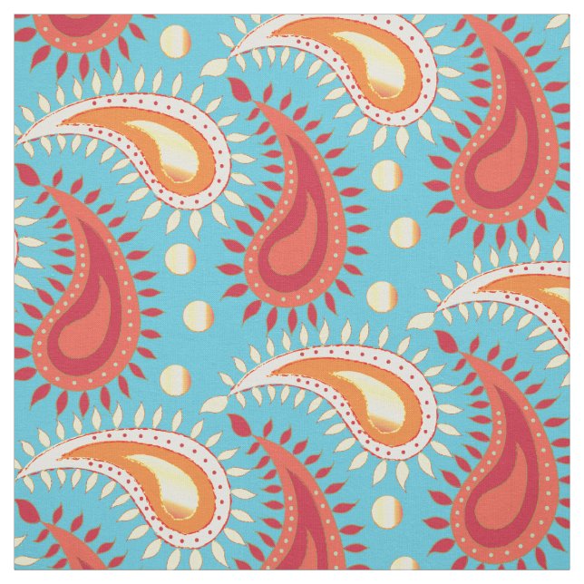 Tela Naranja Turquesa Oriental Patrón Paisley Persa (Retal)