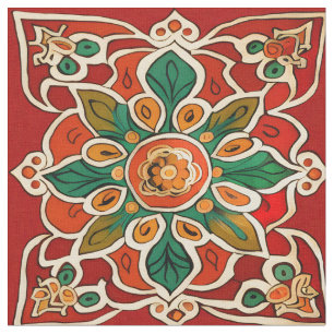 Tela Naranja Verde Rojo Azulejos Amarillo Patrón Floral