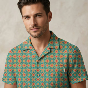 Tela Naranja verde y patrón geométrico de estilo rojo