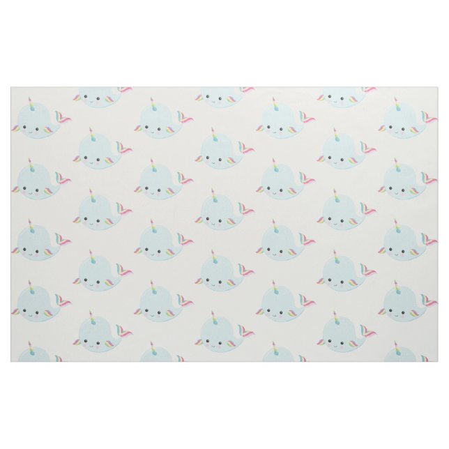 Tela Narwhal arcoiris Patrón Kawaii en azul pastel ("Cuarto gordo" (fat quarter))