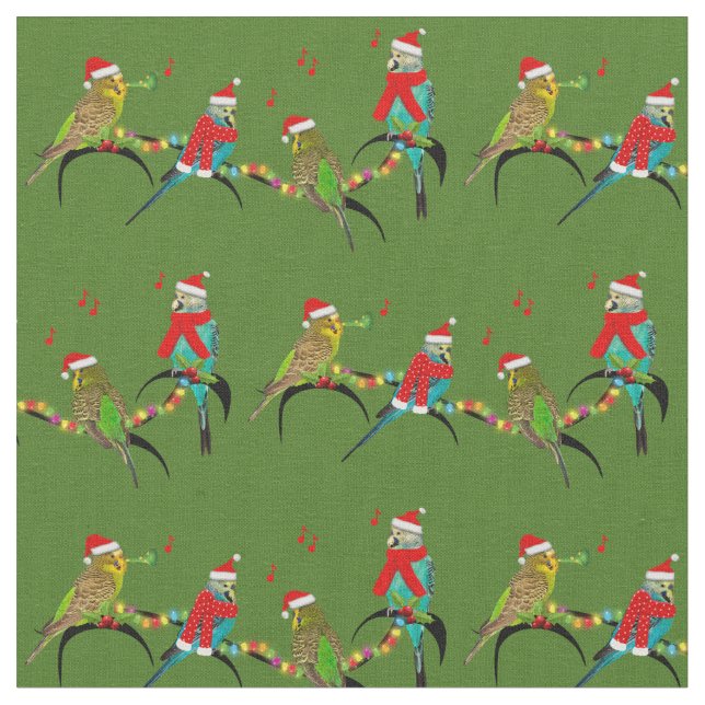 Tela Navidades Budgie Frenzy Fabric (Verde) (De cerca)