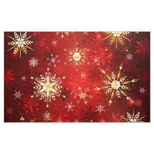 Tela Navidades Copos de nieve dorados con fondo rojo
