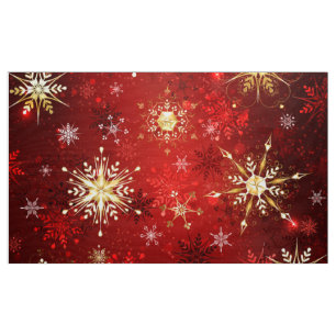 Tela Navidades Copos de nieve dorados con fondo rojo