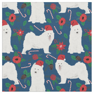 Tela navidades de perro con flores azul marino