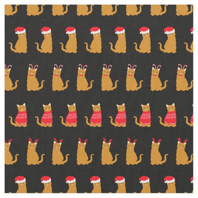 Tela Navidades Ginger Cat Santa Hats Pattern en negro (De cerca)