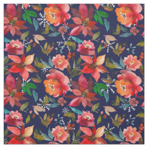 Tela Navidades naranja rojo burgundy azul marino floral