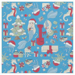 Tela navidades oceánicos mermaid seahorse santa jellyfi