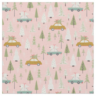 Tela Navidades rosados de autos retro árboles de bosqu