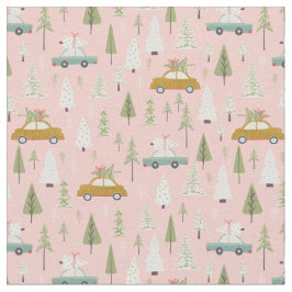 Tela Navidades rosados de autos retro árboles de bosque