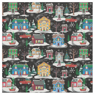 Tela navideña, pueblo navideño en negro