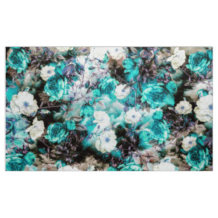 Tela Negro blanco verde azulado de la turquesa floral