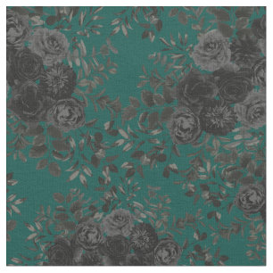 Tela Negro oscuro Turquesa gótico Rosa floral pequeño