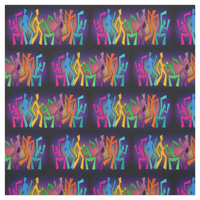 Tela Neon Dancing Stick People On Black Fabric (Retal)