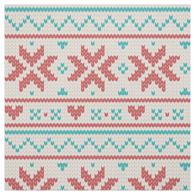 Tela Nórdico Sweater Faux Knit Aqua & Red Pattern (Retal)