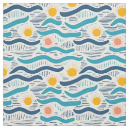 Tela Olas de océano retro, sol y patrón de verano de pl