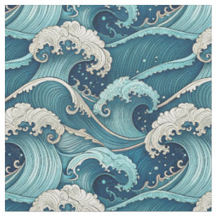 Tela Olas del Océano Azul Patrón Japonés de Verano Trop
