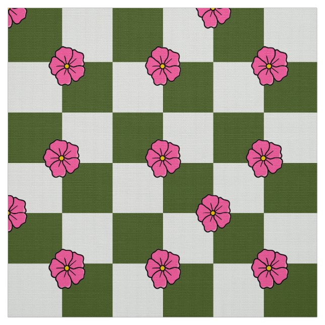 Tela Olive Pink Floral Checkerboard Polyester Fabric (Retal)