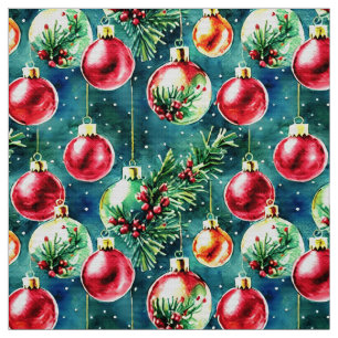Tela Ornamentos navideños acuarelas, verde rojo y Verde