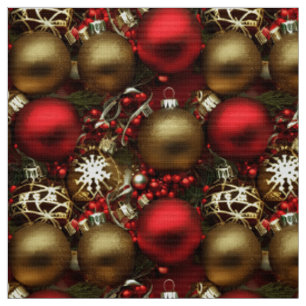 Tela Ornamentos navideños de color marrón y rojo rubí