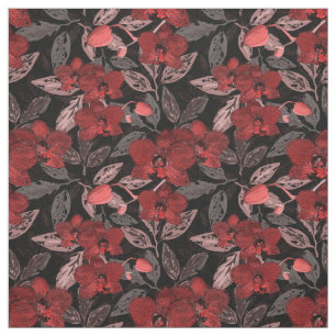 Tela orquídeas rojas sobre negro.