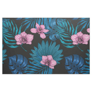 Tela Orquídeas y hojas de palma, rosa y azul en negro