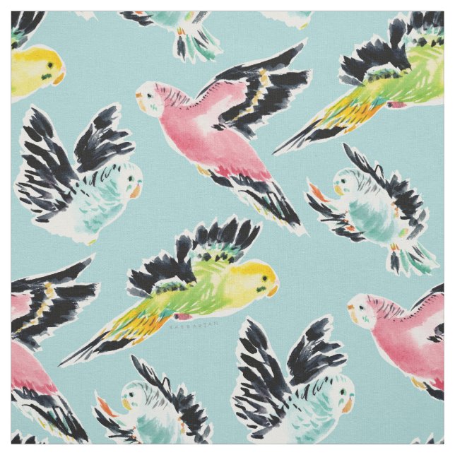 Tela OUTFLIERS Cute Parakeet Print Aqua Fabric (Retal)