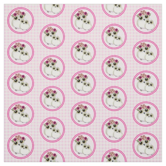 Tela Owls Cute Pink White Gingham Plaid (Retal)