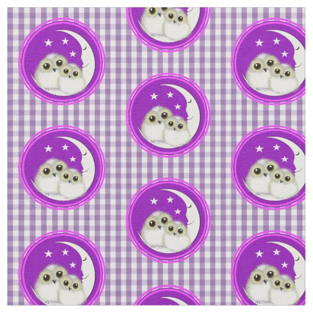 Tela Owls Cute Purple White Gingham Plaid (De cerca)