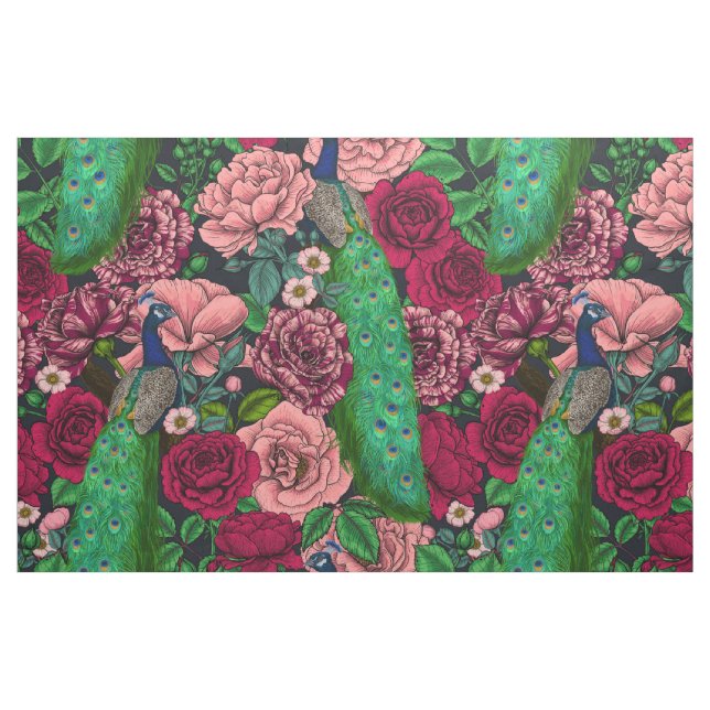 Tela Pacocas en el jardín rosa 2 ("Cuarto gordo" (fat quarter))
