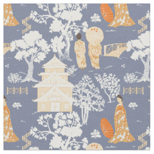 Tela Pagodas Chinoiserie azul y Naranja