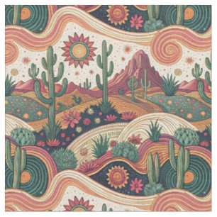 Tela Paisaje retro psicodélico del desierto de cactus a