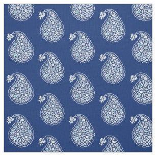 Tela Paisley de azulejos persas - blanco sobre azul índ