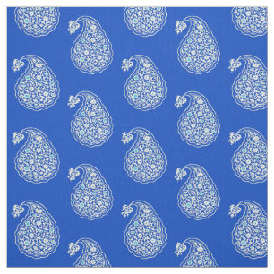 Tela Paisley de tejas persas - blanco sobre azul cobalt