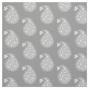 Tela Paisley de tejas persas - blanco sobre gris platea