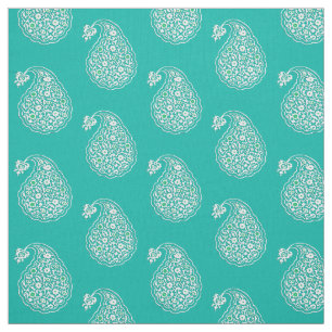 Tela Paisley de tejas persas - blanco sobre turquesa