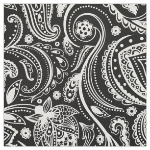 Tela Paisley floral blanca sobre fondo negro Personaliz