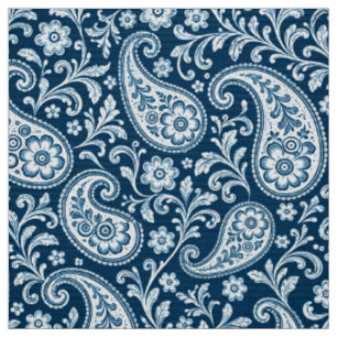 Tela Paisley floral vintage de color azul marino y blan