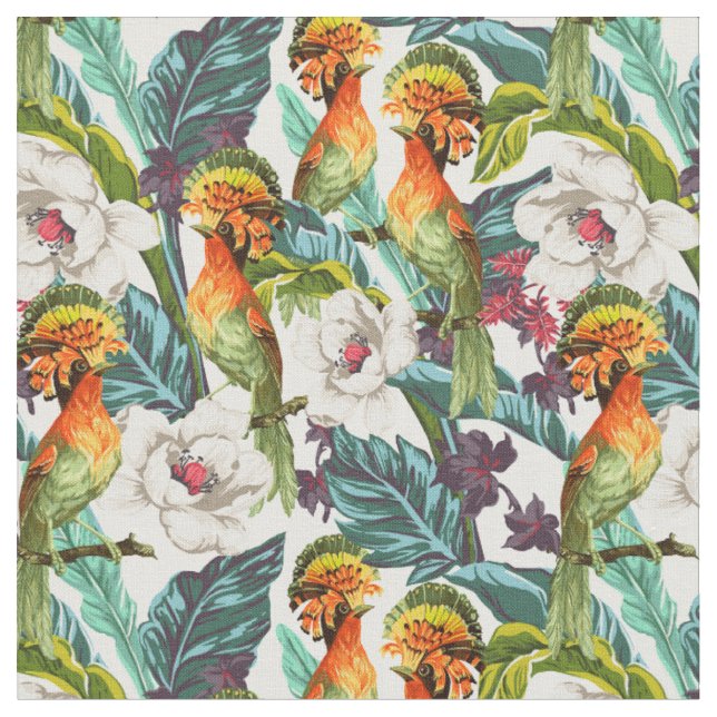 Tela Pájaro y estampado de plores exótico (De cerca)
