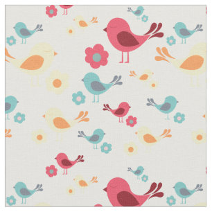 Tela pájaros vintage - rosa, azul, amarillo