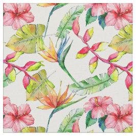 Tela Palm rosa tropical Hibiscus deja patrón blanco