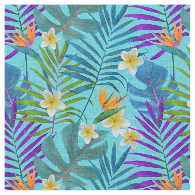 Tela Palm Trees Monstera Aves de Plumeria del Paraíso (De cerca)